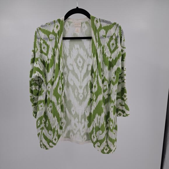 Chico's Tianna Cardigan 1 M Ikat Burnout Open Front 3/4 Sleeve Knit Green White - Picture 3 of 9